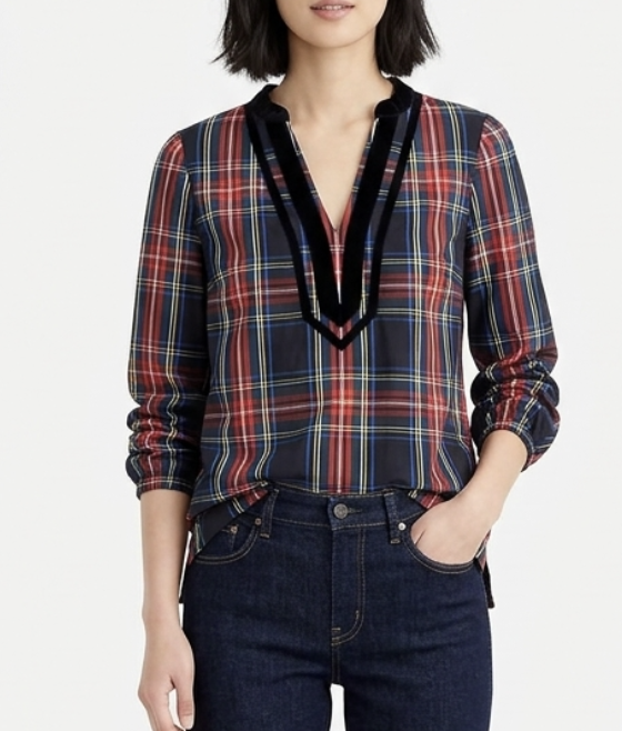Túnica Cuello V Ribete Terciopelo Stewart Tartan J.CREW (S) NUEVO 2