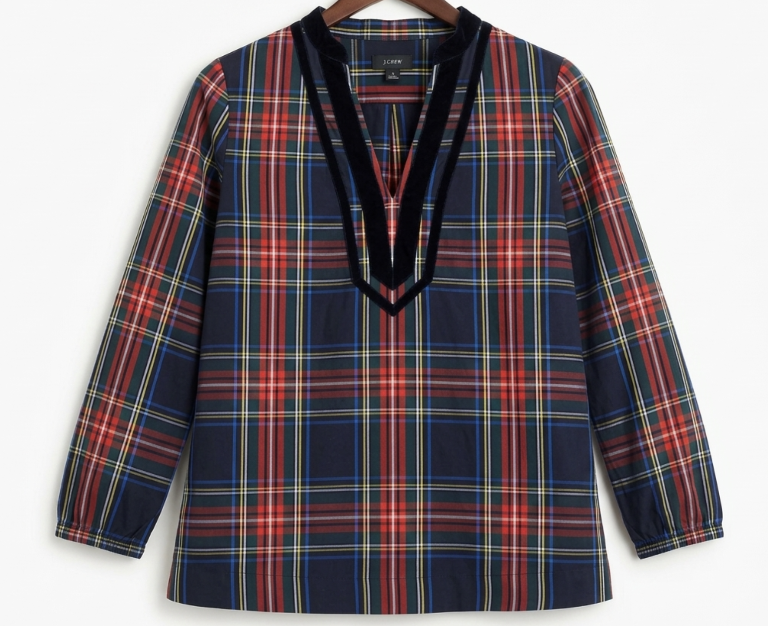 Túnica Cuello V Ribete Terciopelo Stewart Tartan J.CREW (S) NUEVO 5