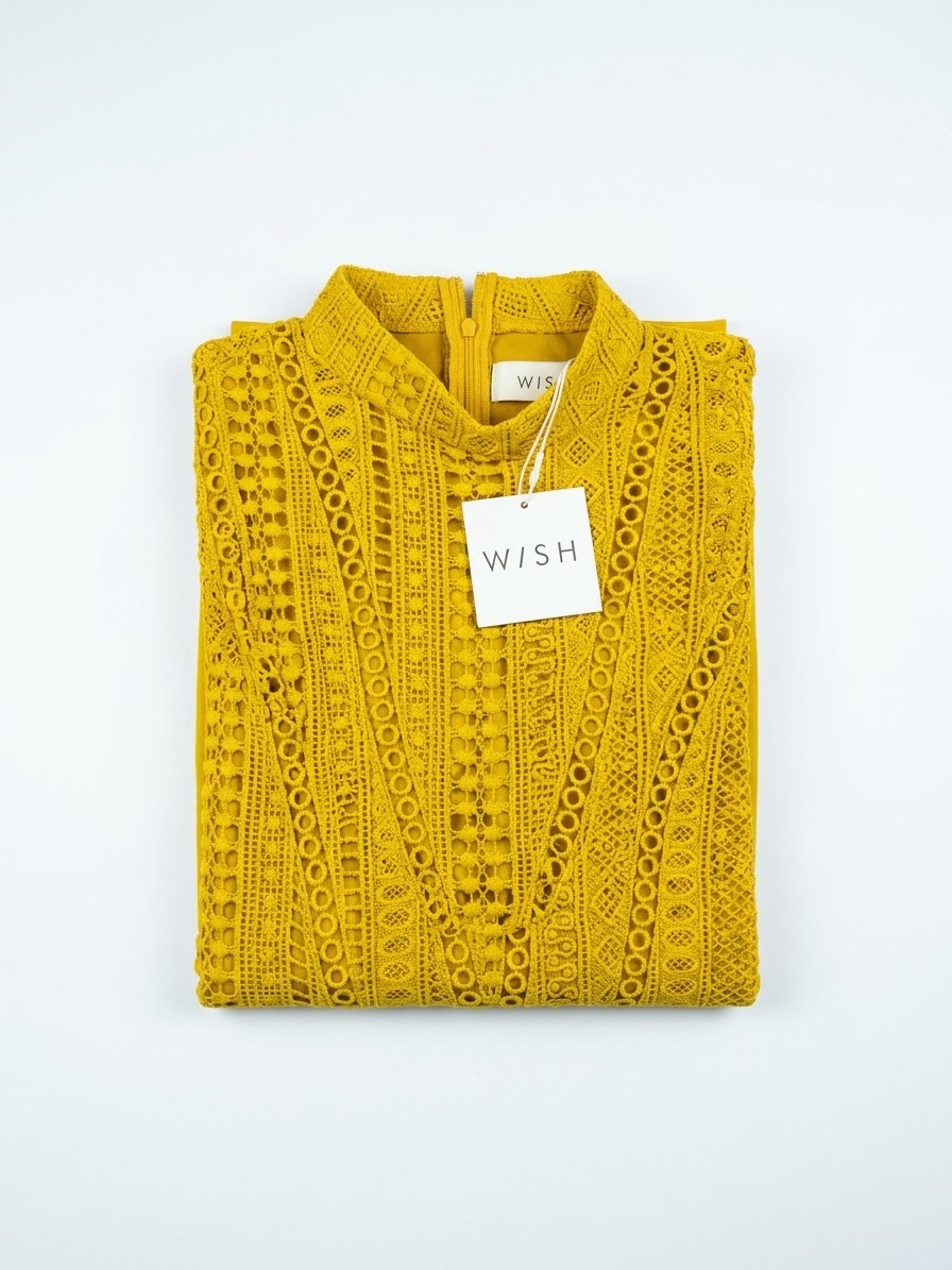 Vestido Corto Mostaza de Encaje Crochet y Gasa WISH THE LABEL (XXS) NUEVO CON ETIQUETAS 4