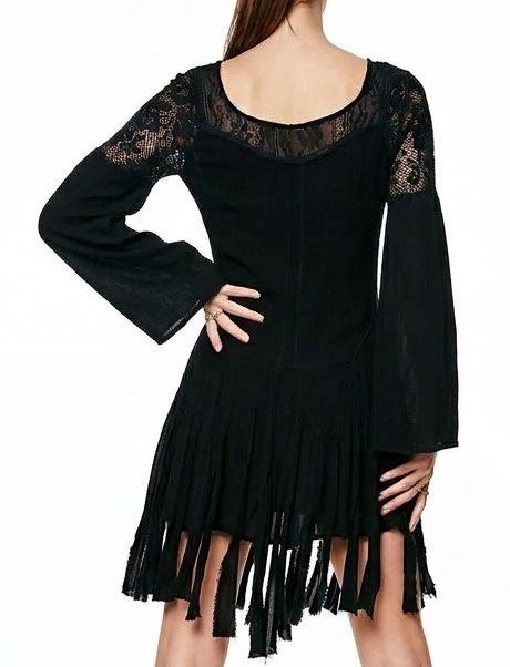 Exclusivo Vestido Tunica Negro Boho Chic  Encaje Cordones Y Flecos FREE PEOPLE (S-M) NUEVO 2