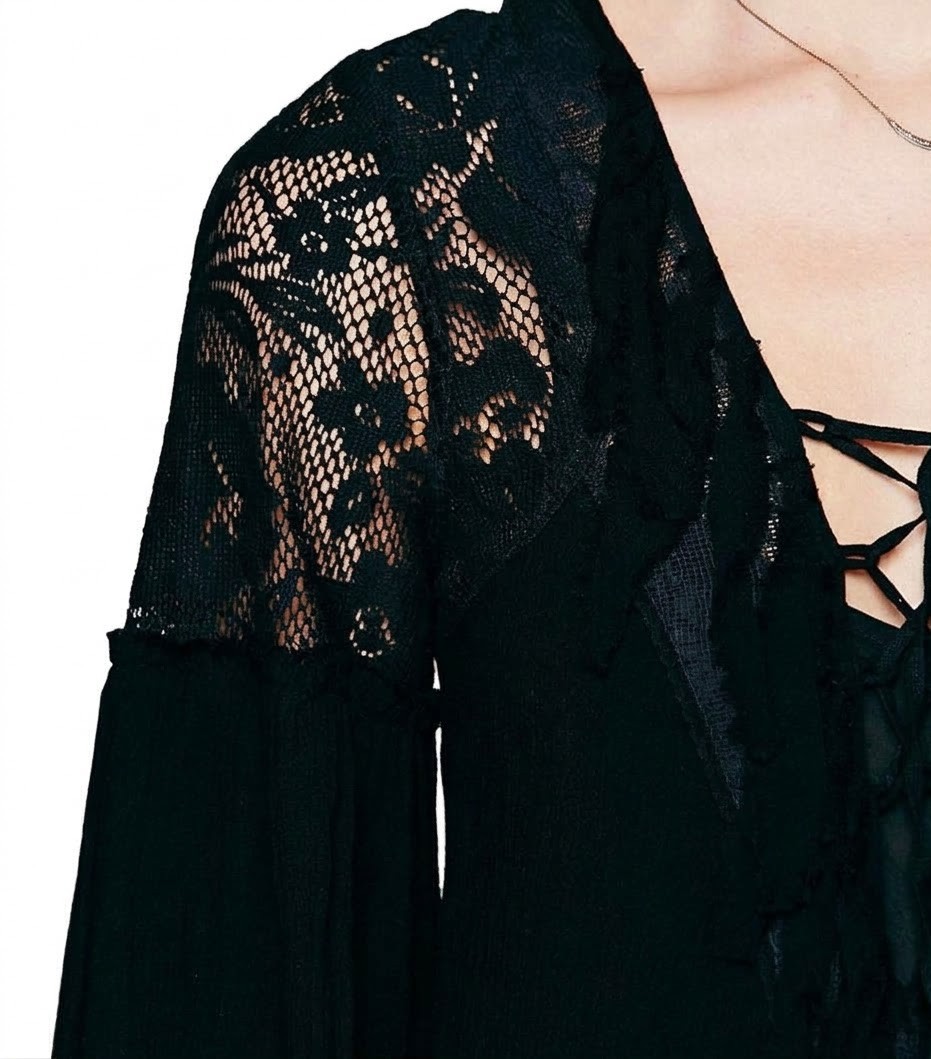 Exclusivo Vestido Tunica Negro Boho Chic  Encaje Cordones Y Flecos FREE PEOPLE (S-M) NUEVO 3