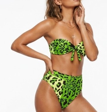 Bikini Verde Neon Animal Print Leopard Tiro Alto Strapless (S) NUEVO 1