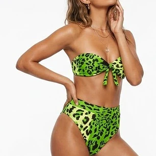 Bikini Verde Neon Animal Print Leopard Tiro Alto Strapless (S) NUEVO