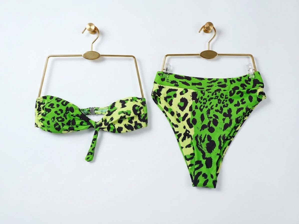 Bikini Verde Neon Animal Print Leopard Tiro Alto Strapless (S) NUEVO 3