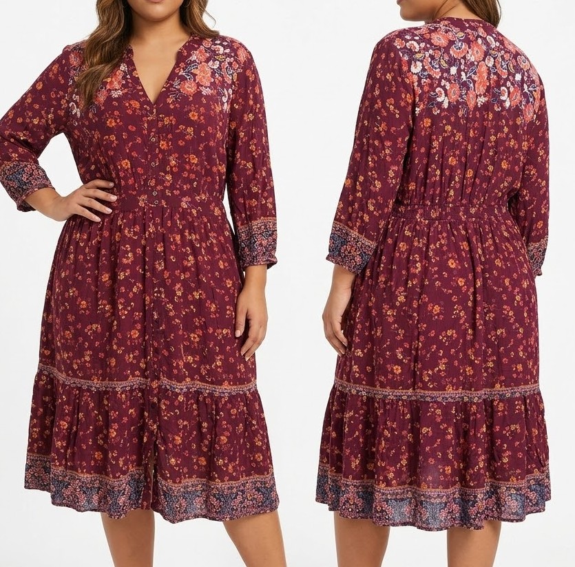 Vestido Midi Bohemio con Estampado Floral y Vuelo Escalonado KNOX ROSE (XXL)  1