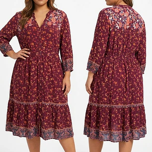 Vestido Midi Bohemio con Estampado Floral y Vuelo Escalonado KNOX ROSE (XXL) 