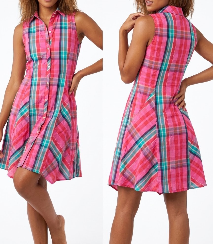 Vestido Camisero 100% Algodon a Cuadros Múltiples Rosa y Turquesa TOMMY HILFIGER (S-M) SHOWROOM 1