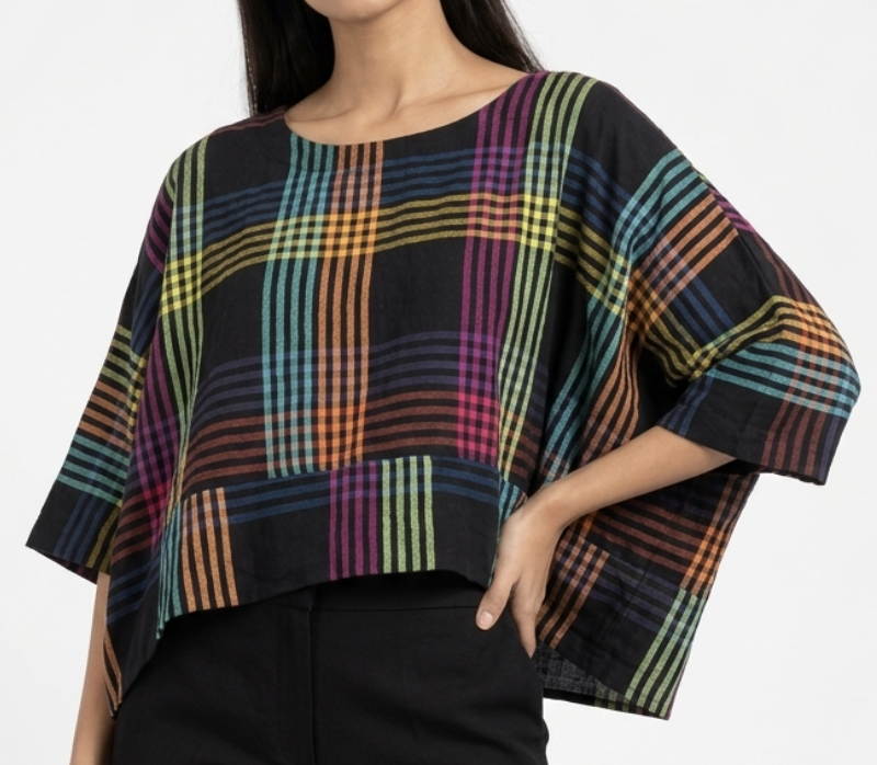 Crop Top Kimono Firefly Check 100% Algodón Hilado a Mano RUJUTA SHETH NEW YORK (XL-XXL) SHOWROOM 3