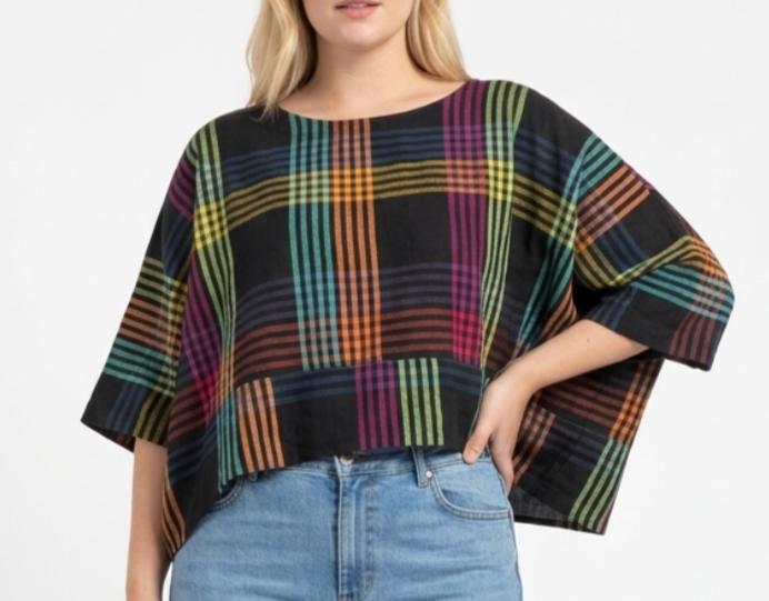 Crop Top Kimono Firefly Check 100% Algodón Hilado a Mano RUJUTA SHETH NEW YORK (XL-XXL) SHOWROOM 2