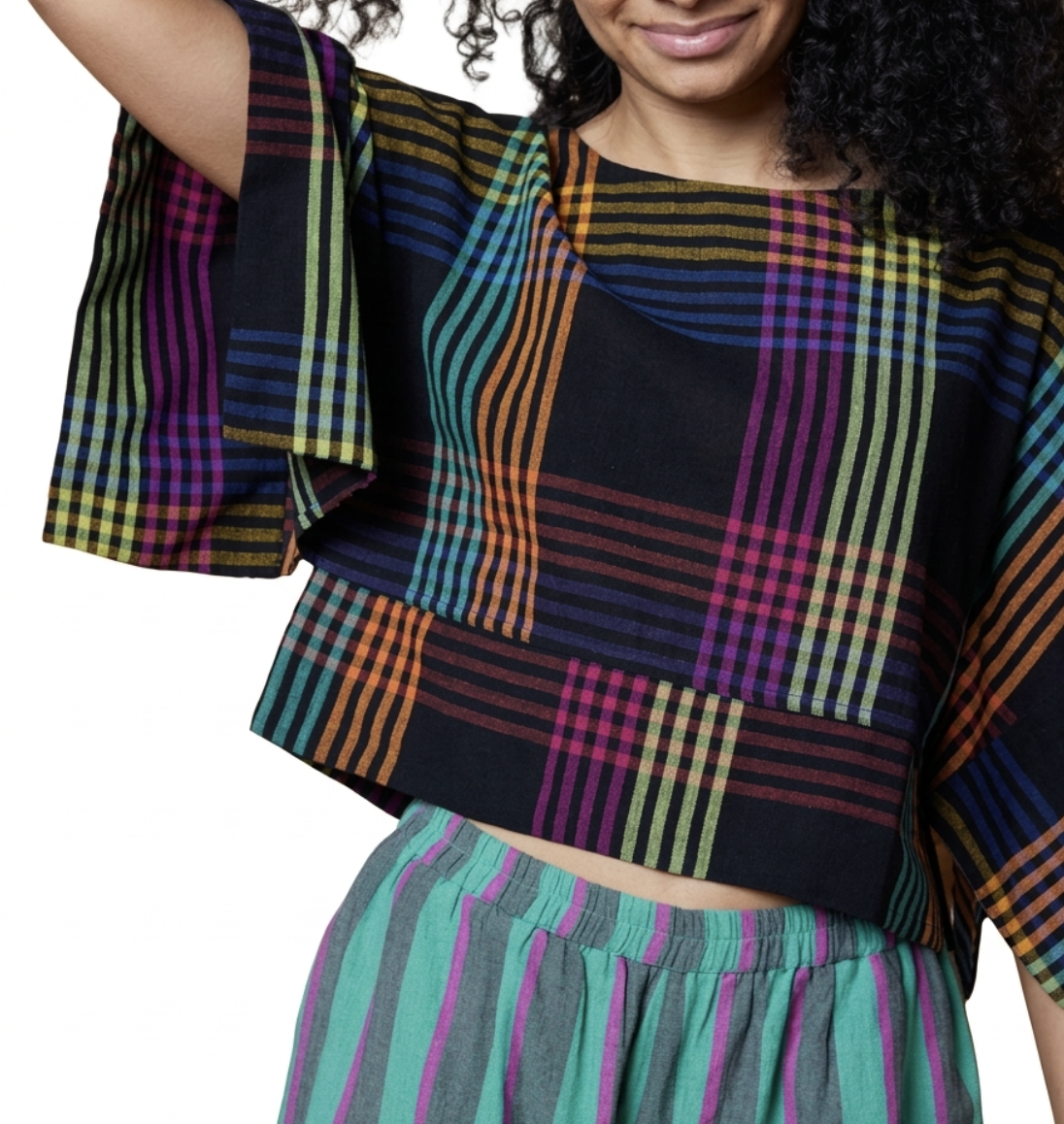 Crop Top Kimono Firefly Check 100% Algodón Hilado a Mano RUJUTA SHETH NEW YORK (XL-XXL) SHOWROOM 1