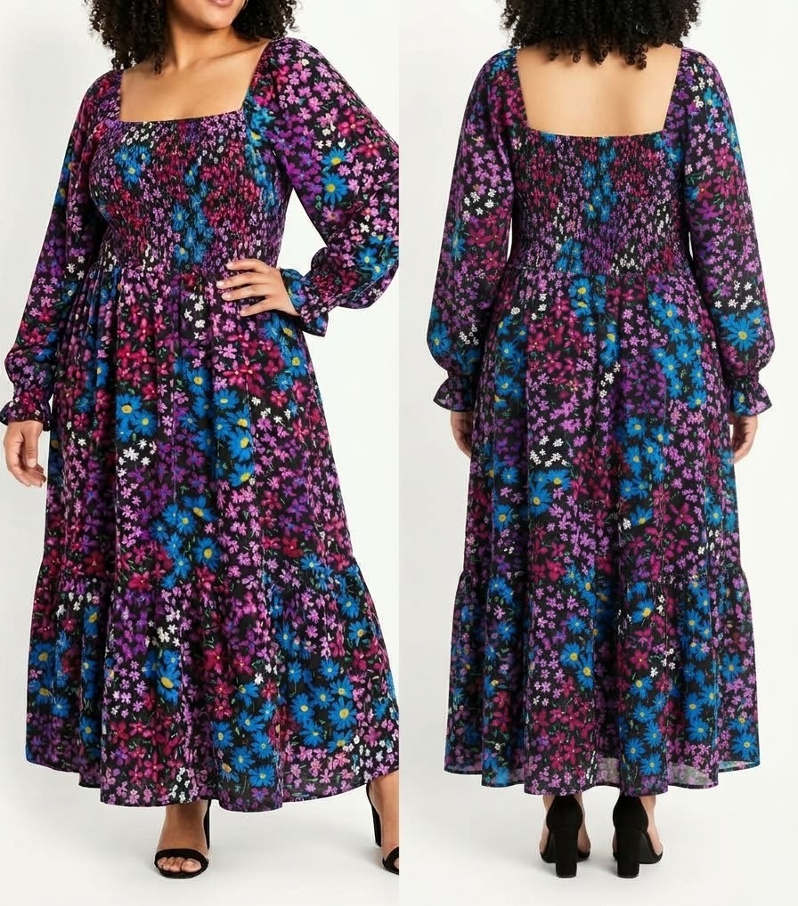 Vestido 100% Algodon Maxi Floral Escote Cuadrado TERRA & SKY (XXXL) NUEVO 1