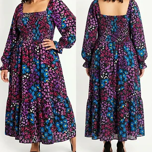 Vestido 100% Algodon Maxi Floral Escote Cuadrado TERRA & SKY (XXXL) NUEVO