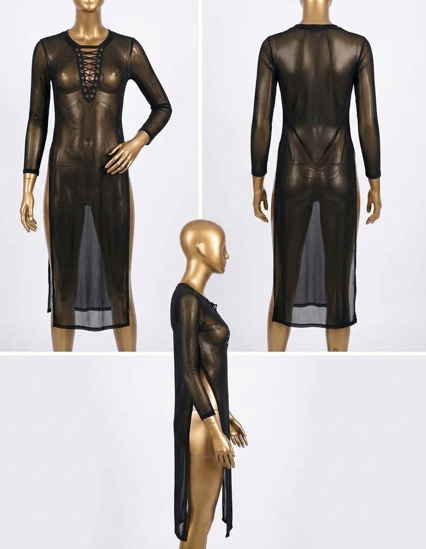 Vestido Maxi Transparente Malla con Cordón Frontal y Aberturas LOVE J (S-M) NUEVO 1