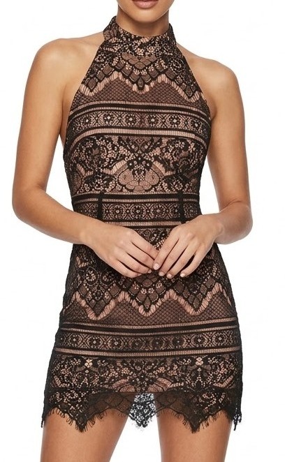 Vestido Corto de Encaje con Cuello Halter y Espalda Descubierta DRESS & FORUM (S-M) NUEVO 1
