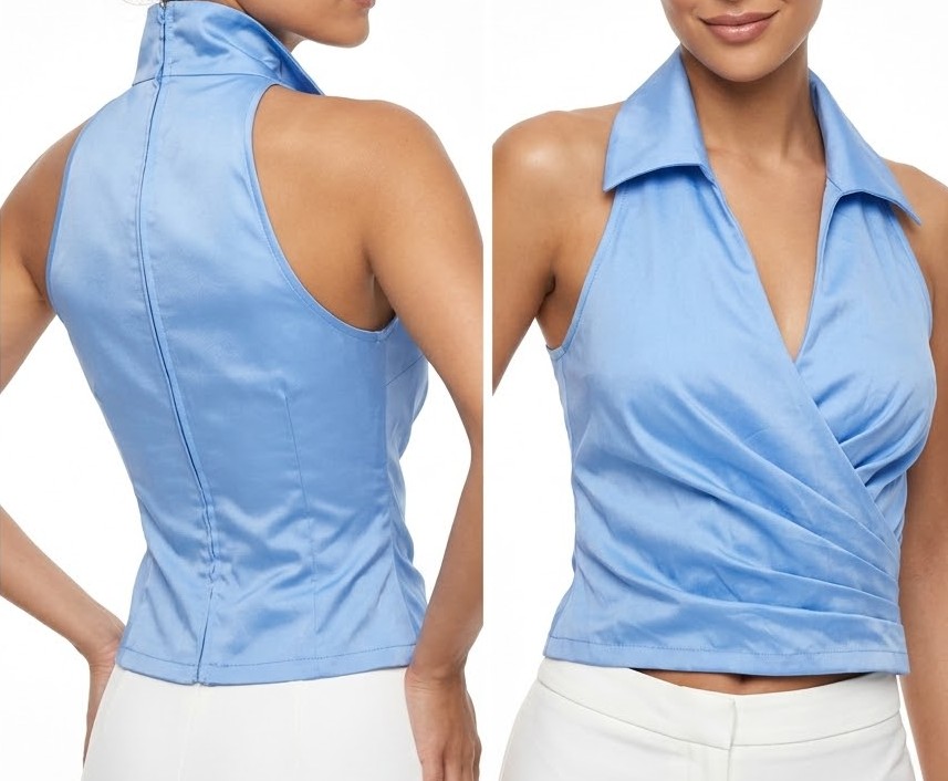 Top Satinado Cruzado Halter con Solapa y Cierre Posterior TADASHI (Tadashi Shoji) (S) SHOWROOM 1
