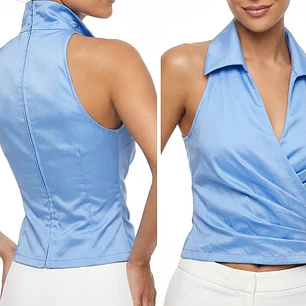 Top Satinado Cruzado Halter con Solapa y Cierre Posterior TADASHI (Tadashi Shoji) (S) SHOWROOM