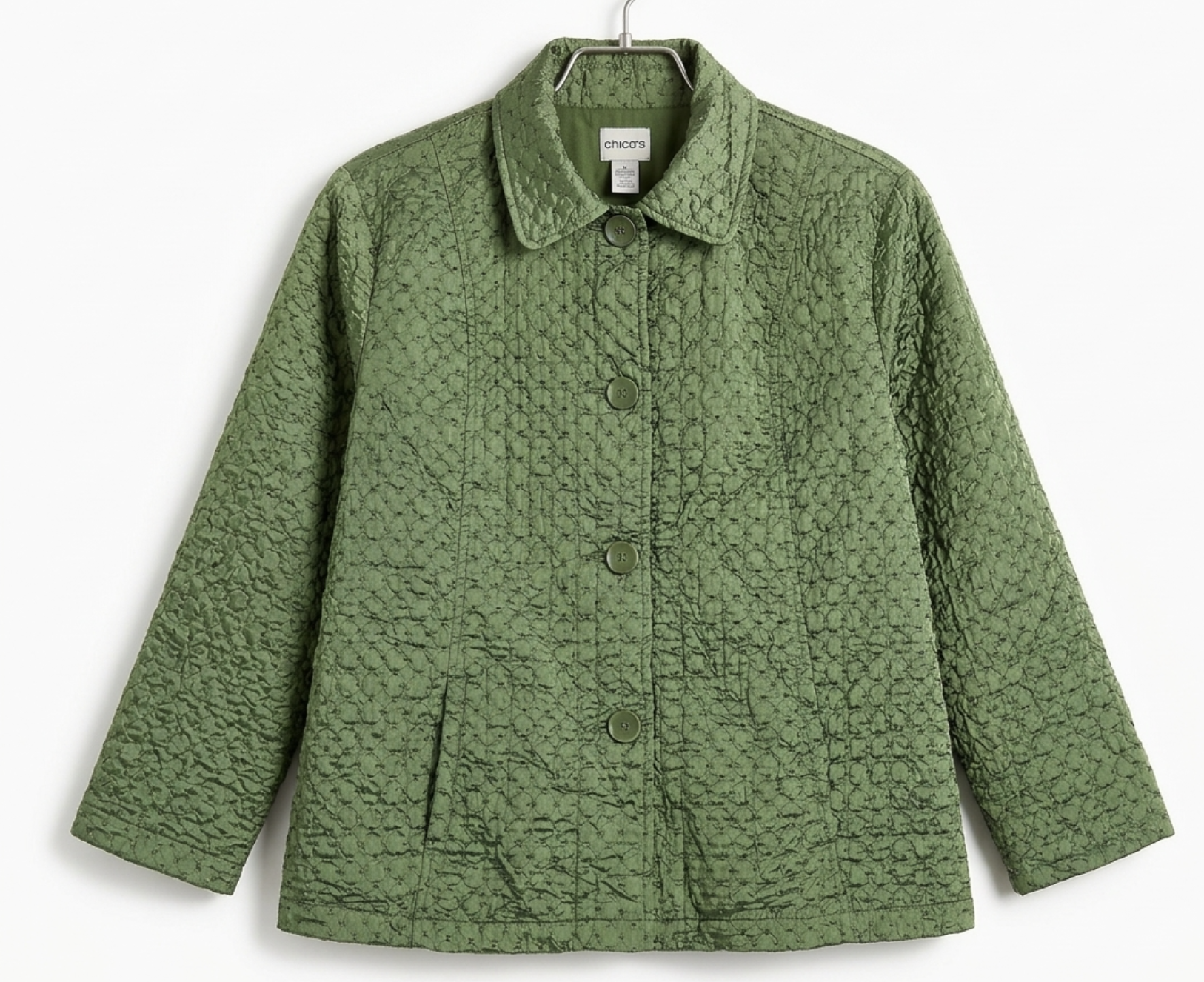 Chaqueta Acolchada Bordado Eyelet Verde Metalizado CHICO'S (L) SHOWROOM 2