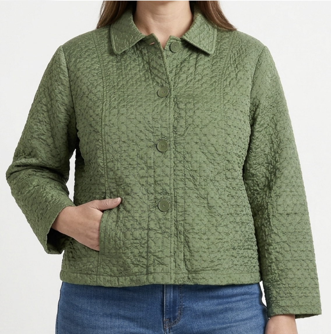 Chaqueta Acolchada Bordado Eyelet Verde Metalizado CHICO'S (L) SHOWROOM 1