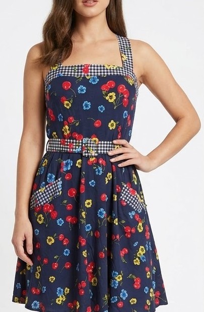 Vestido Retro Floral & Cerezas con Detalle Vichy y Cinturón MNG COLLECTION (M) NUEVO CON ETIQUETAS 1