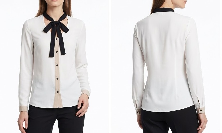 Top Elegante de Algodón Marfil con Lazo Negro & Detalles Beige con Corbatitín (S) NUEVO CON ETIQUETAS 1
