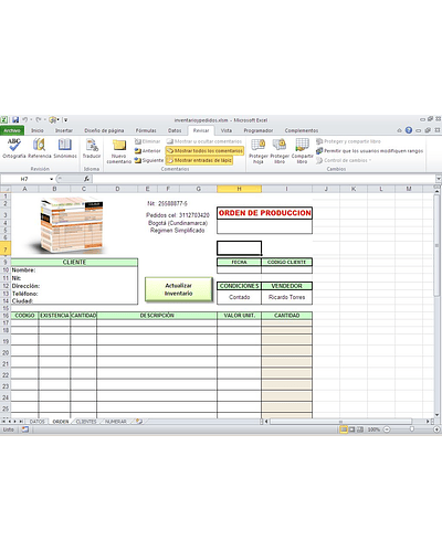 Plantilla que actualiza inventarios en un pedido muestra existencias y autonumera y crea pdf del pedido