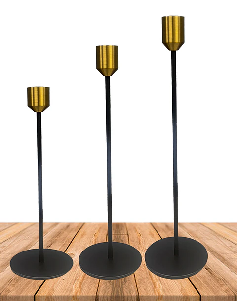 Set Porta Vela Negro Metálico Con Copita Dorada JI25-107