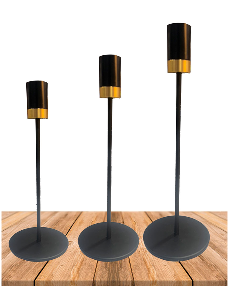 Set Porta vela Negro Metálica Dorada Ji25-110