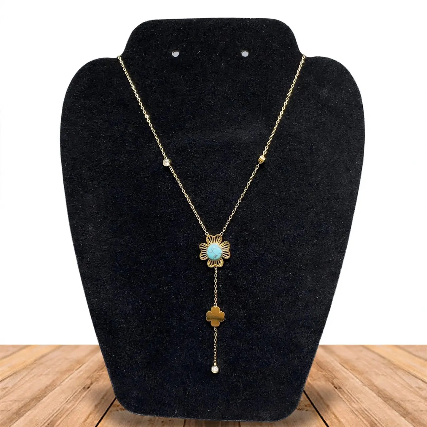  Collar Doble Acero Inoxidable Con Zirconia Y Piedra Celeste 1