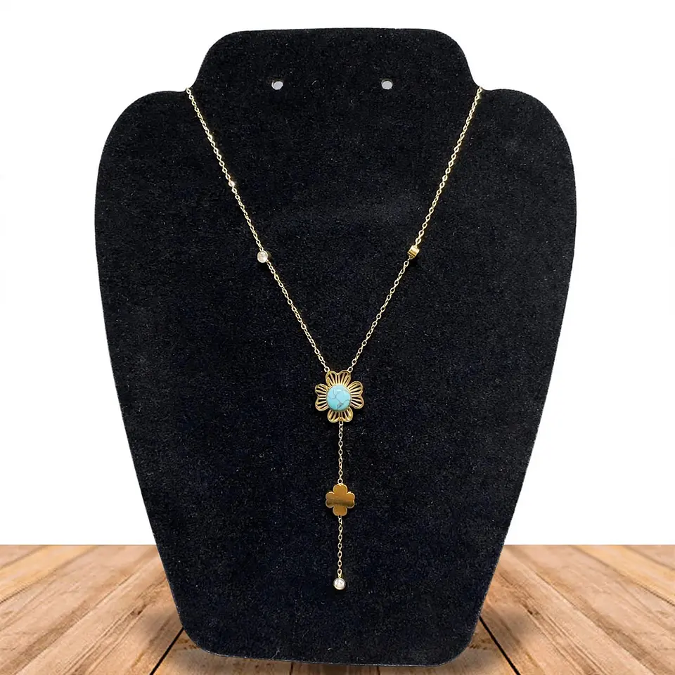 Collar Doble Acero Inoxidable Con Zirconia Y Piedra Celeste 1