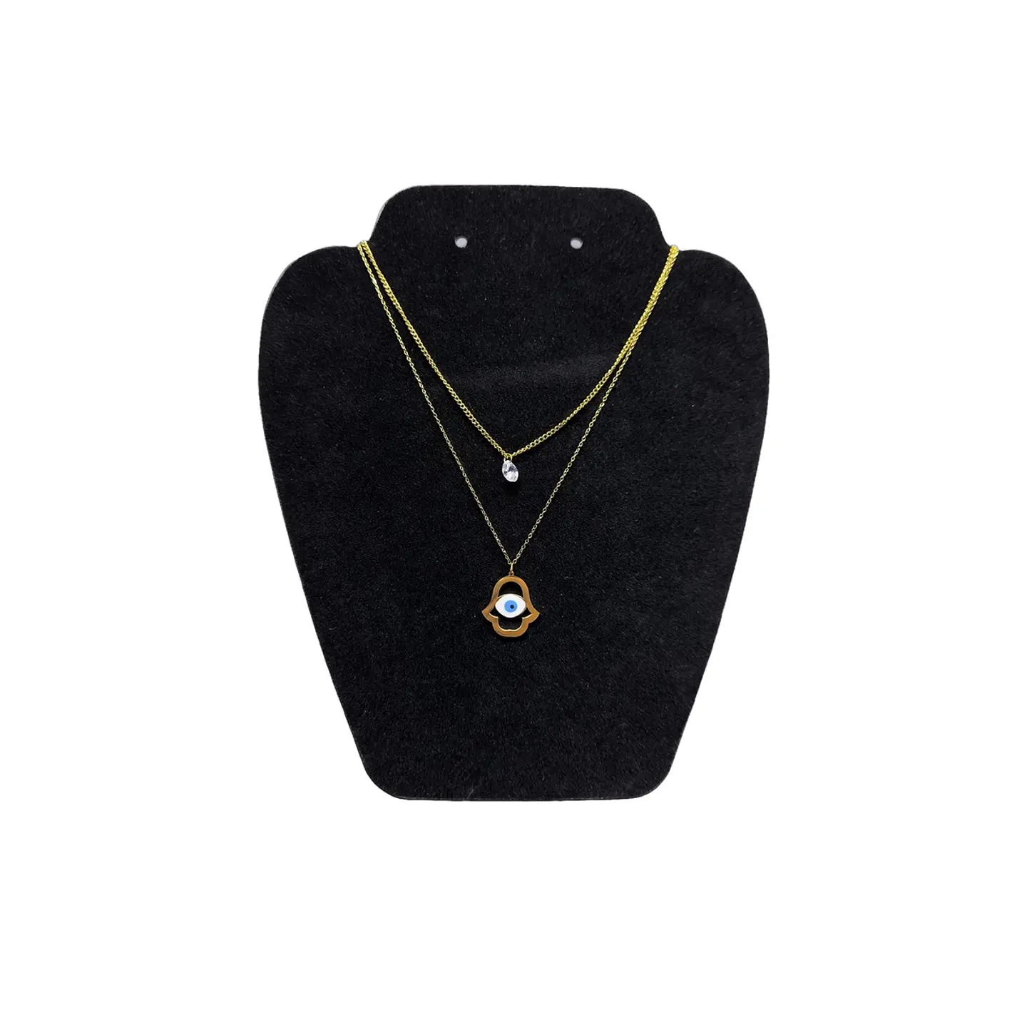 Collar Doble Acero Inoxidable Con Zirconia Mano De Fatima 3