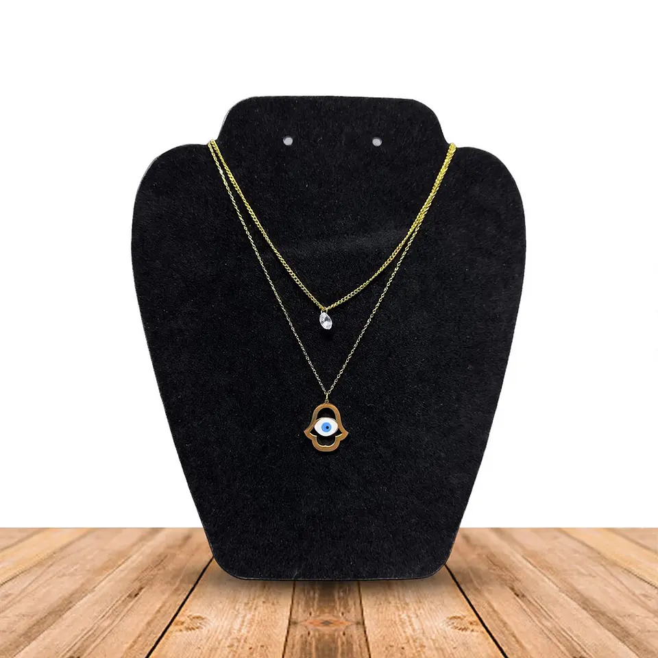 Collar Doble Acero Inoxidable Con Zirconia Mano De Fatima 1