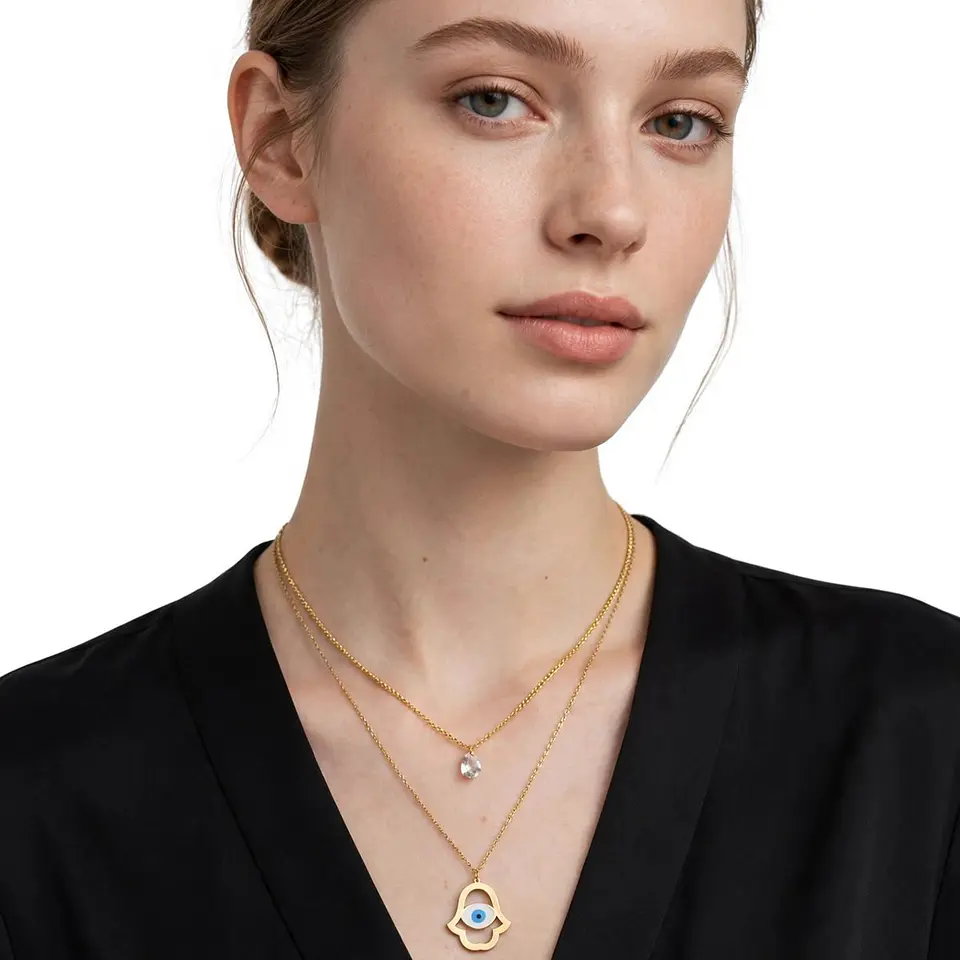 Collar Doble Acero Inoxidable Con Zirconia Mano De Fatima 2