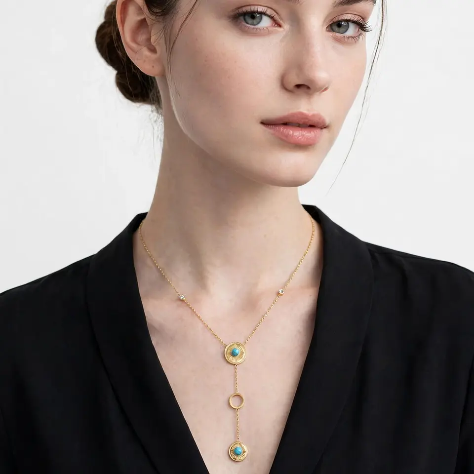 Collar De Acero Inoxidable Con Zirconia Sol Turquesa Con Aro 3
