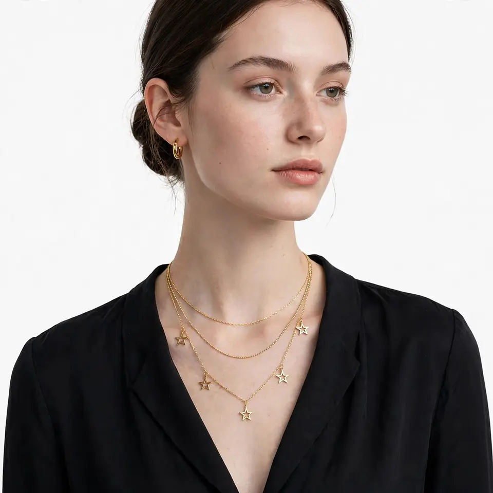Collar Doble Acero Inoxidable Con Zirconia Y Estrellas 2