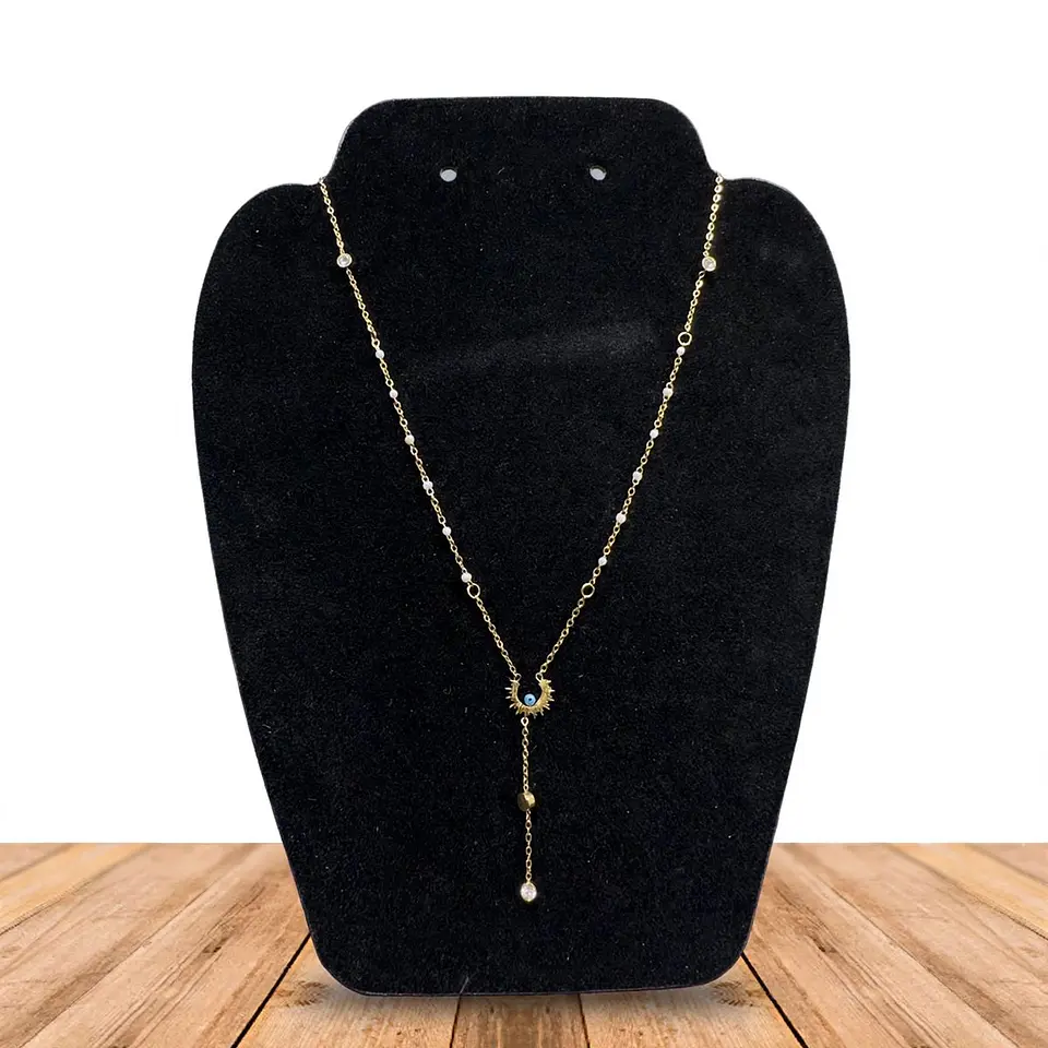 Collar Doble Acero Inoxidable Con Zirconia Luna Y Ojo Turco 1