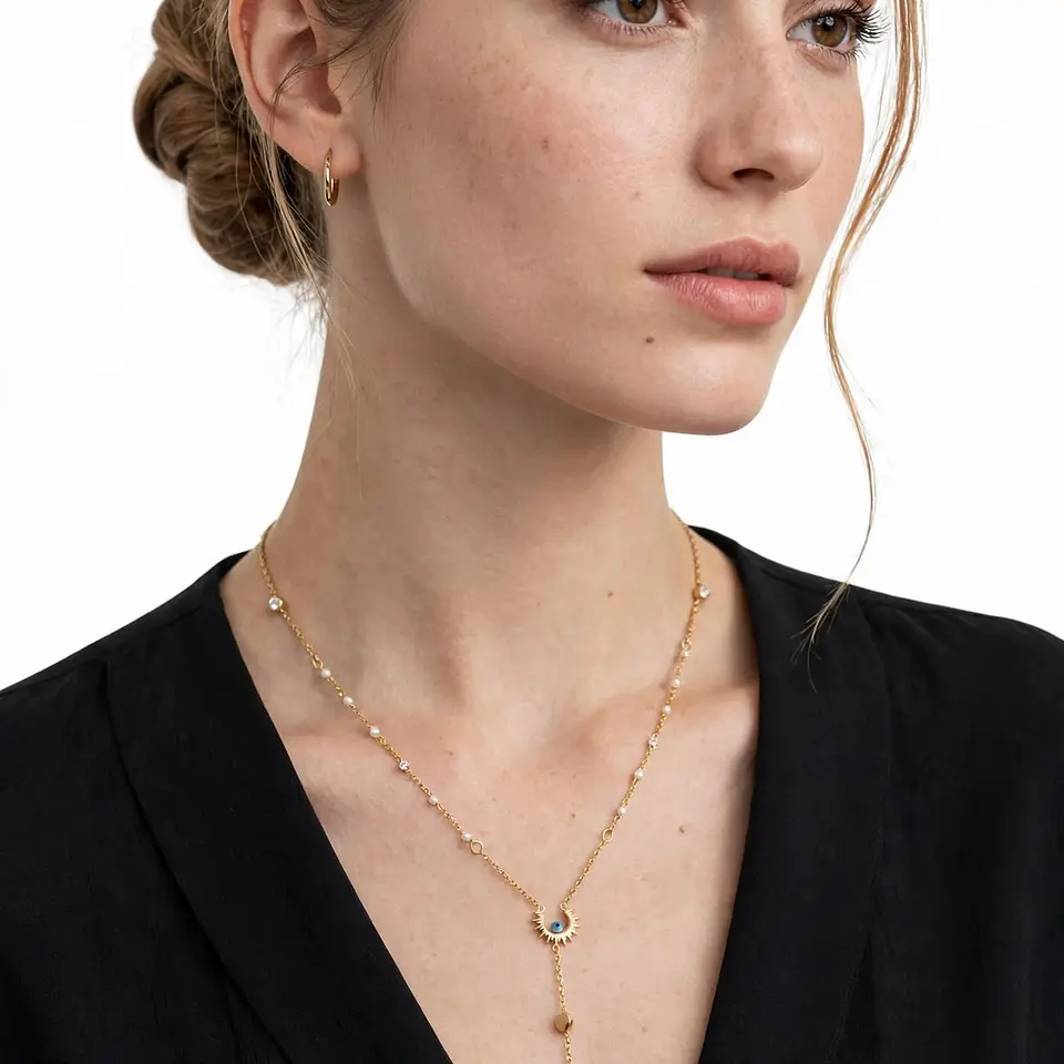 Collar Doble Acero Inoxidable Con Zirconia Luna Y Ojo Turco 3