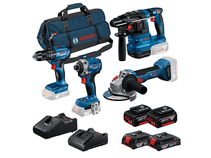 Conjunto Taladro GSB 185-LI + Atornillador de Impacto GDR 18V-215 + Amoladora GWS 18V-8 (125) + Martillo GBH 18V-22 + 4 Baterías (2x 4.0Ah + 2x 2.0Ah) + 2 Cargadores PRIMeKIT BOSCH