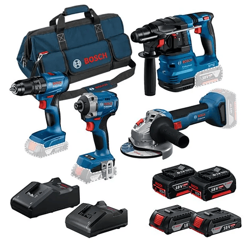 Conjunto Taladro GSB 185-LI + Atornillador de Impacto GDR 18V-215 + Amoladora GWS 18V-8 (125) + Martillo GBH 18V-22 + 4 Baterías (2x 4.0Ah + 2x 2.0Ah) + 2 Cargadores PRIMeKIT BOSCH 1