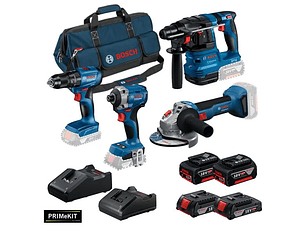 Conjunto Taladro GSB 185-LI + Atornillador de Impacto GDR 18V-215 + Amoladora GWS 18V-8 (125) + Martillo GBH 18V-22 + 4 Baterías (2x 4.0Ah + 2x 2.0Ah) + 2 Cargadores PRIMeKIT BOSCH