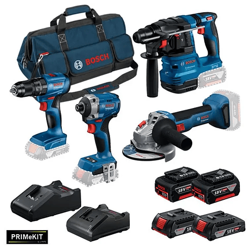 Conjunto Taladro GSB 185-LI + Atornillador de Impacto GDR 18V-215 + Amoladora GWS 18V-8 (125) + Martillo GBH 18V-22 + 4 Baterías (2x 4.0Ah + 2x 2.0Ah) + 2 Cargadores PRIMeKIT BOSCH 2
