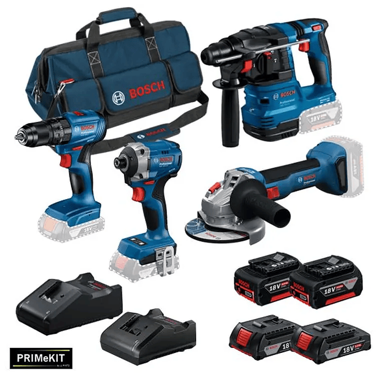 Conjunto Taladro GSB 185-LI + Atornillador de Impacto GDR 18V-215 + Amoladora GWS 18V-8 (125) + Martillo GBH 18V-22 + 4 Baterías (2x 4.0Ah + 2x 2.0Ah) + 2 Cargadores PRIMeKIT BOSCH 2