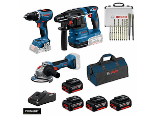 Conjunto Atornilladora GSR 18V-65 + Amoladora GWS 18V-8 (125) + Martillo perforador GBH 18V-22 + 4 Baterías 18V 4.0Ah PRIMEKIT BOSCH
