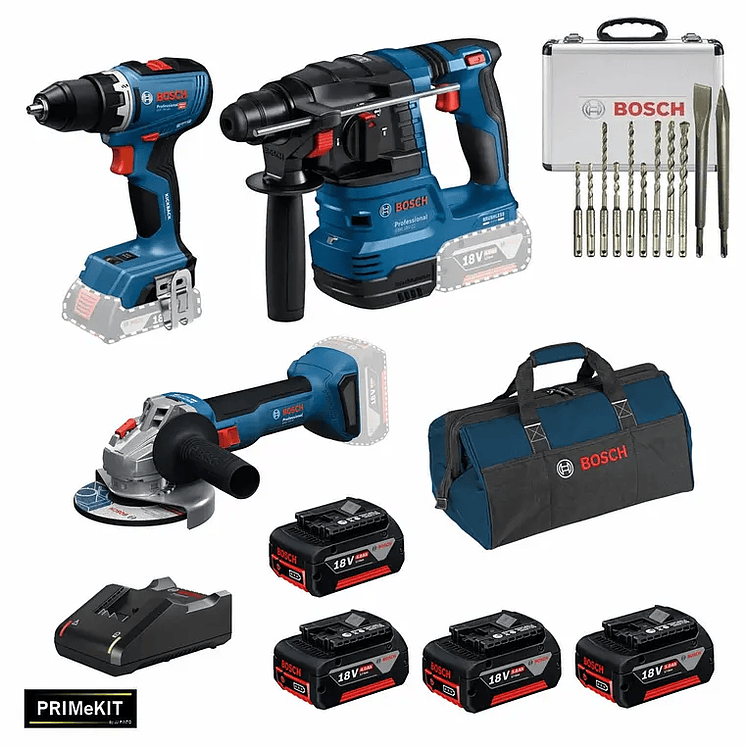 Conjunto Atornilladora GSR 18V-65 + Amoladora GWS 18V-8 (125) + Martillo perforador GBH 18V-22 + 4 Baterías 18V 4.0Ah PRIMEKIT BOSCH 2