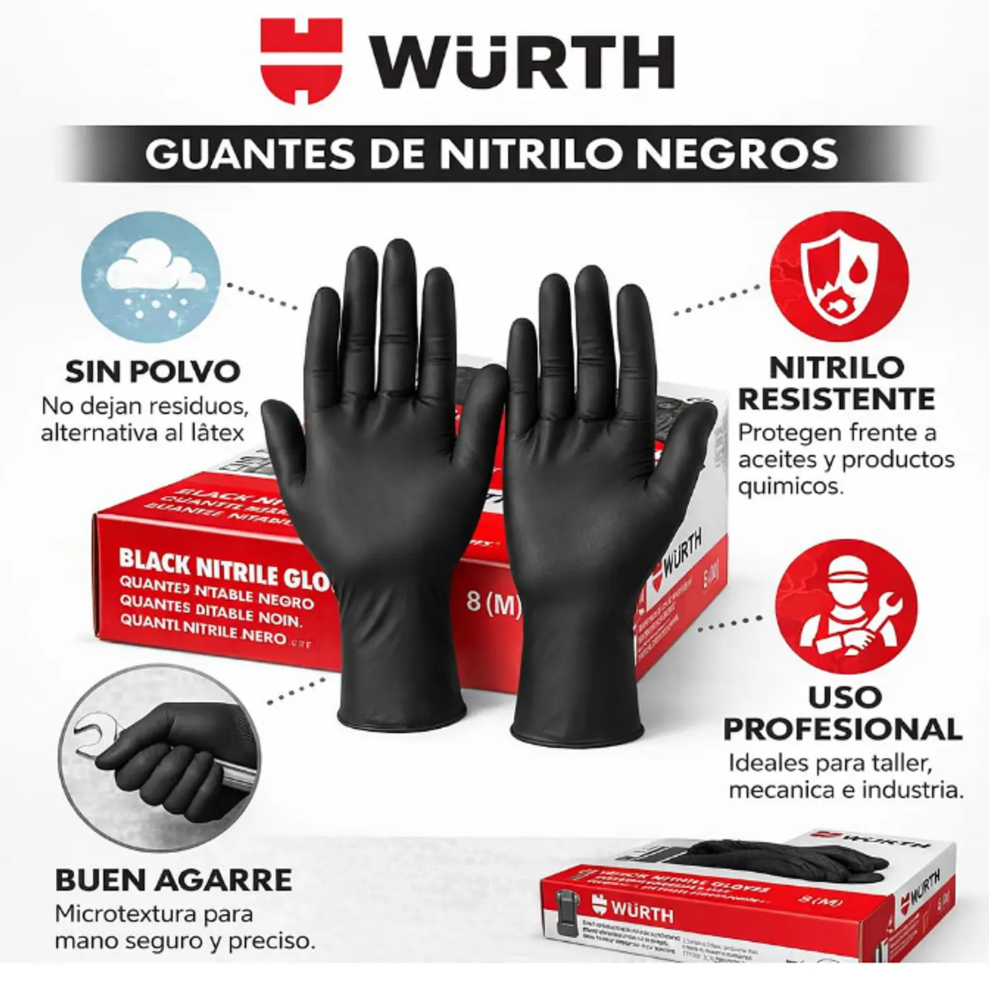 Guantes de nitrito desechables, desinfectados sin polvo, para uso profesional, ultrarresistentesWURTH 6