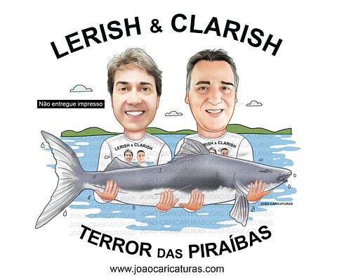 Caricatura digital de 2 pescadores para logomarca peixe piraíba caneca cerveja pesqueiro avô desenho realista logotipo logo 