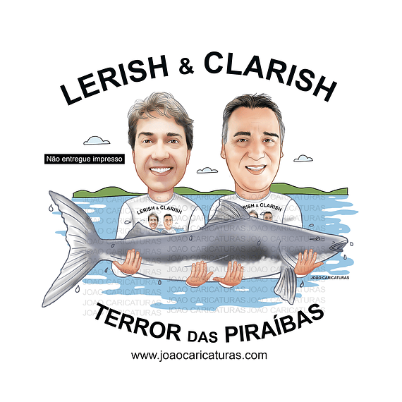 Caricatura digital de 2 pescadores para logomarca peixe piraíba caneca cerveja pesqueiro avô desenho realista logotipo logo 