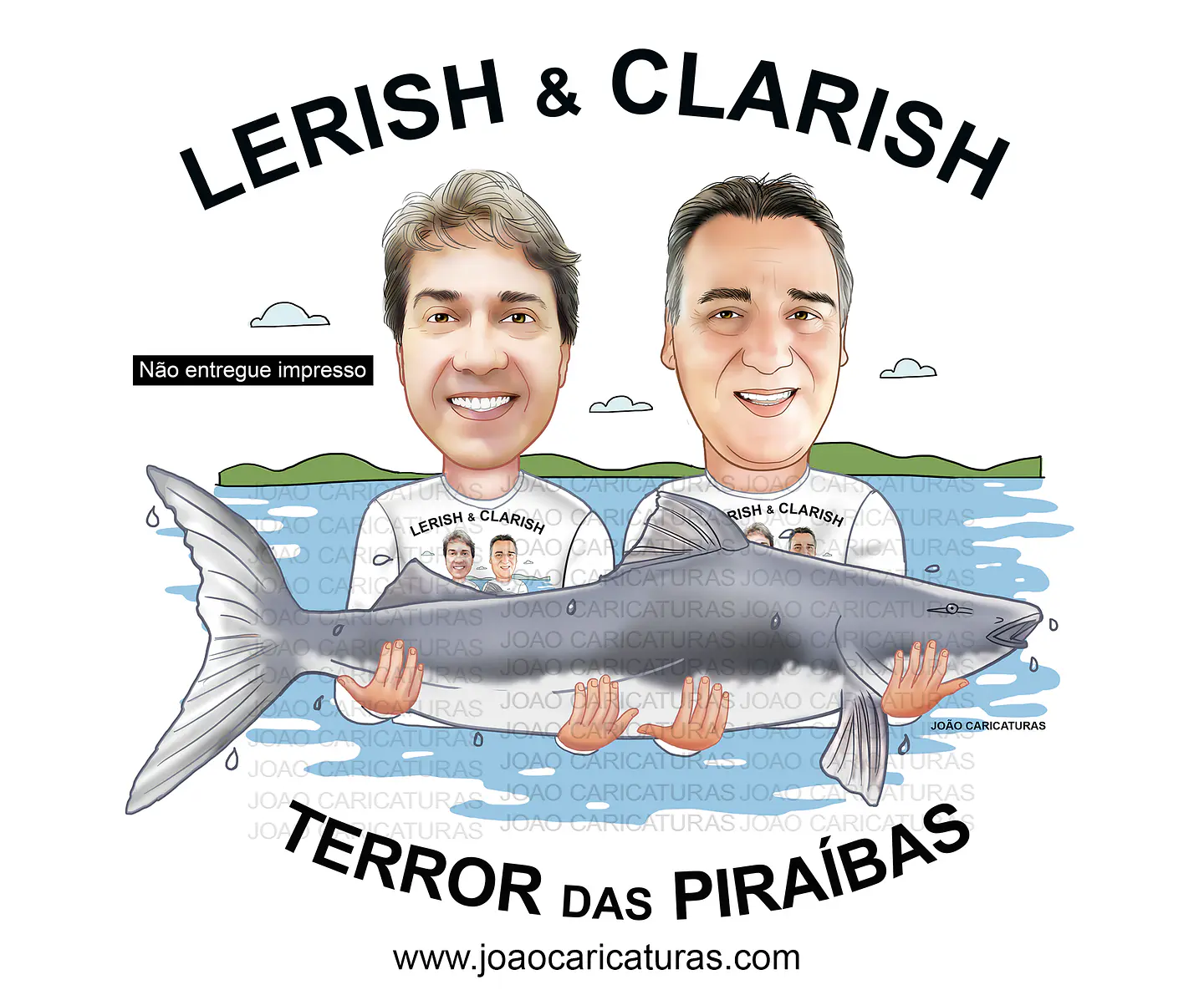 Caricatura digital de 2 pescadores para logomarca peixe piraíba caneca cerveja pesqueiro avô desenho realista logotipo logo  1