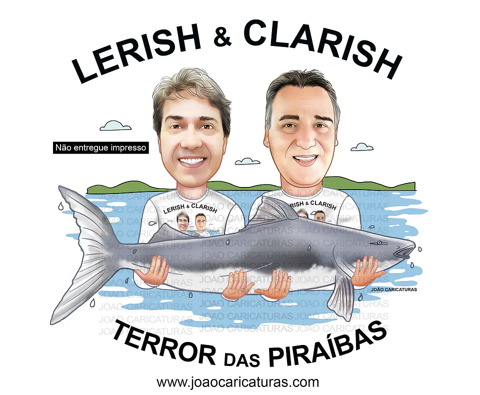 Caricatura digital de 2 pescadores para logomarca peixe piraíba caneca cerveja pesqueiro avô desenho realista logotipo logo  1