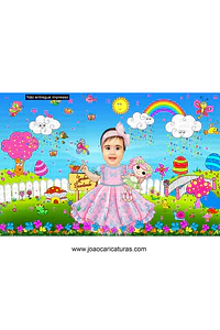 Caricatura criança linda convite de bebezinha linda, menina no Jardim mágico encantado cheio de borboletas, gogumelos, passarinhos, abelhinhas, florzinhas, caracol, arcos iris,sapinhos super colorida 