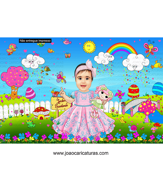 Caricatura criança linda convite de bebezinha linda, menina no Jardim mágico encantado cheio de borboletas, gogumelos, passarinhos, abelhinhas, florzinhas, caracol, arcos iris,sapinhos super colorida 